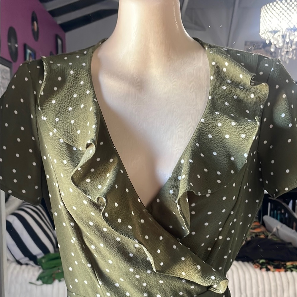 Polka Dot Ruffle Wrap Top - Olive Green